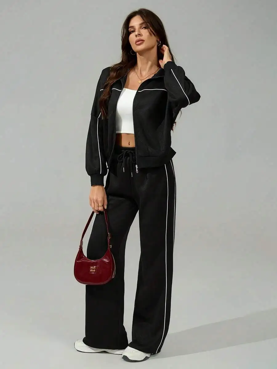 

Womens Black Track Suit Set Zip Front Long Sleeve Hoodie Drawstring Waist Pants Casual Streetwear