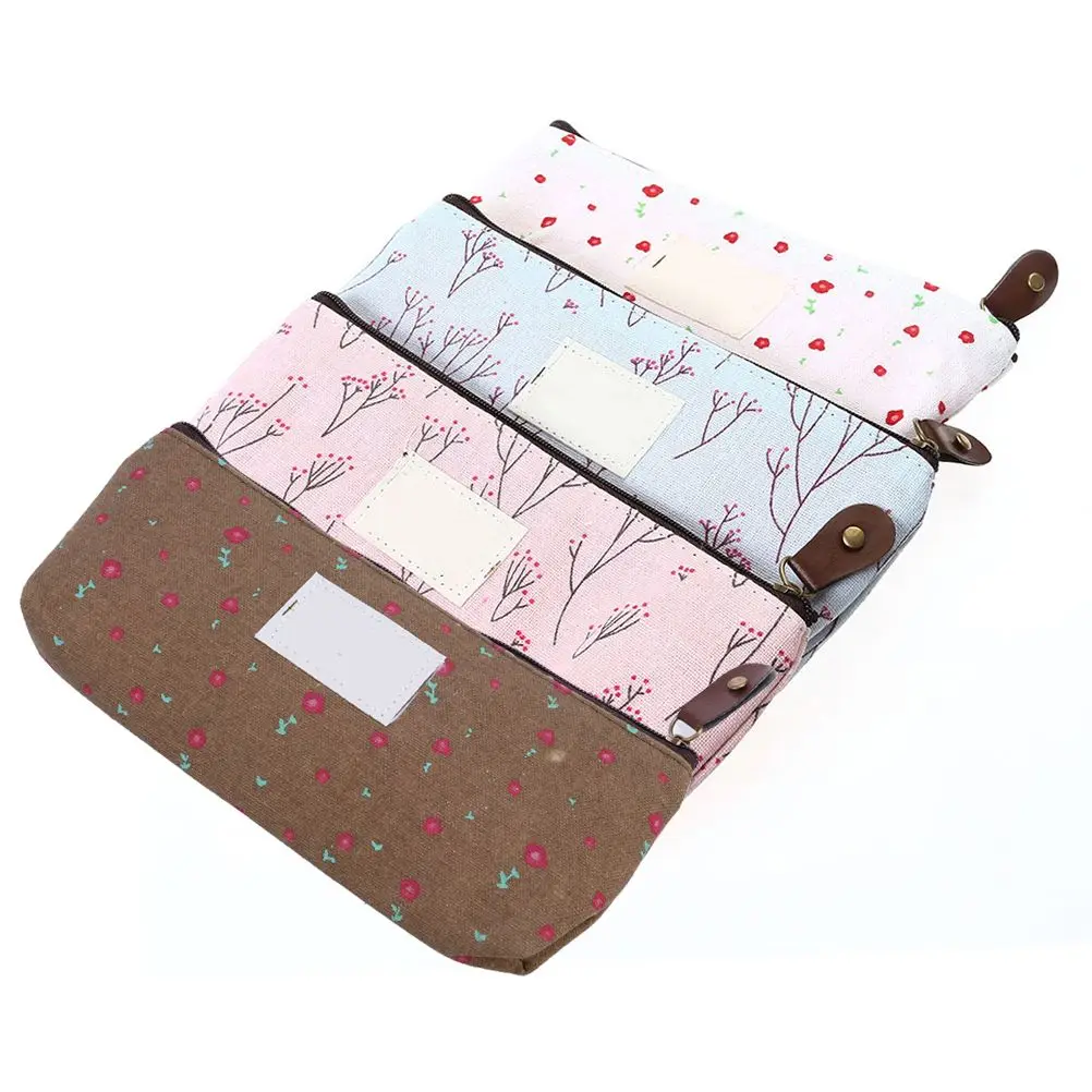 

Floral Pencil Bag Makeup Carrying Case for Lipstick 4 Pcs Country Style Durable Zipper Cloth Interior Protective