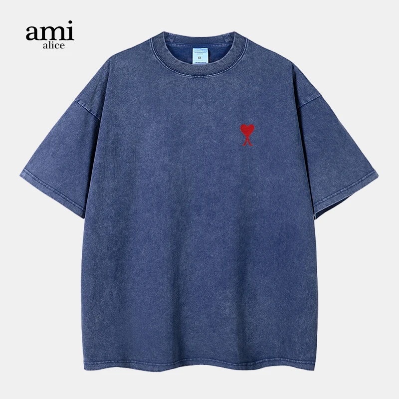 Ami Alice Washed Cotton Short-sleeved Men's and Women's Summer Round Neck Cotton Couple T-shirt Street Casual Top Tide