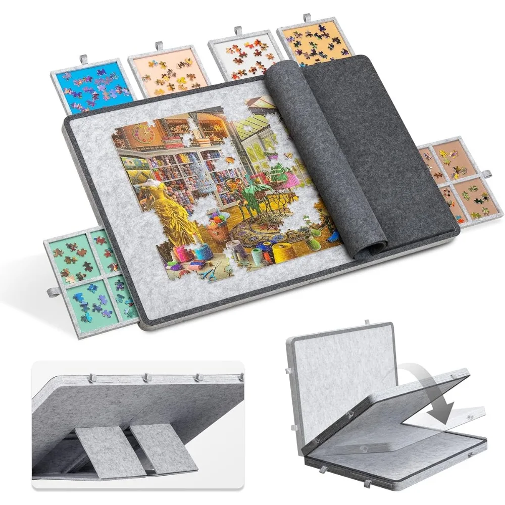 Planche de puzzle en feutre pour 1500 pièces avec support réglable, 6 tiroirs de tri, housse de protection, tapis de travail portable pour puzzle, accessoire de loisirs créatifs, cadeau d'anniversaire ou de vacances
