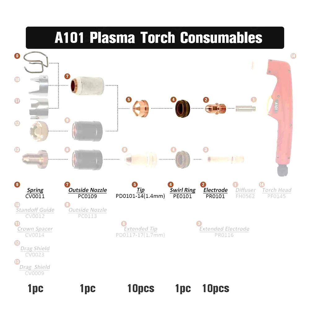 Imagem -05 - Durável Plasma Tocha Eletrodos Kit Peças de Reposição Ferramentas Elétricas Bicos Acessórios Pr0101 Wsp08009 A101