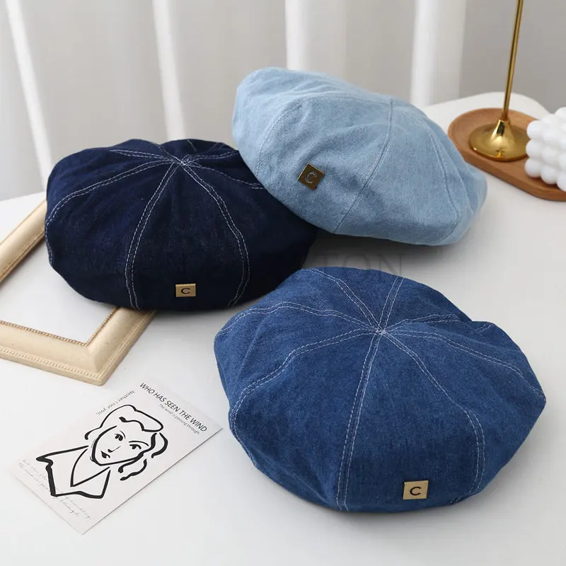 Denim Berets Hat Retro Casual Spring and Summer Shade Painter Cap Korean Alphabet Blue Beret Women\'s Hats LUXXETON