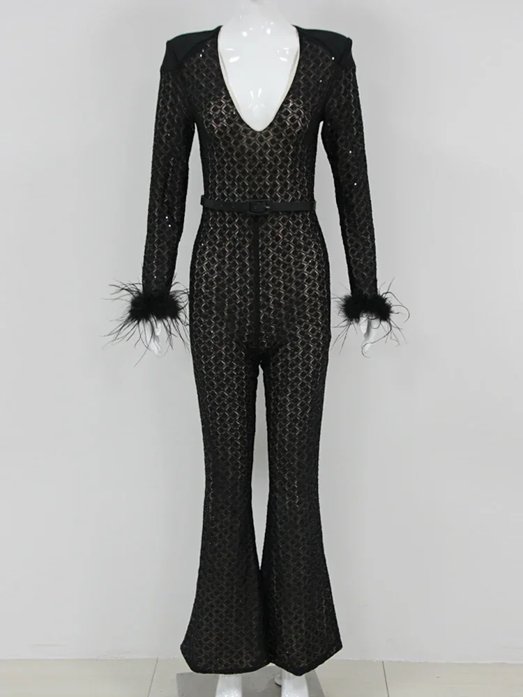 Sexy V Neck Long Sleeve Feathers Lace Jumpsuit Women Black Sequins With Belt Flare Jumpsuit Elegant Evening Party Jumpsuit