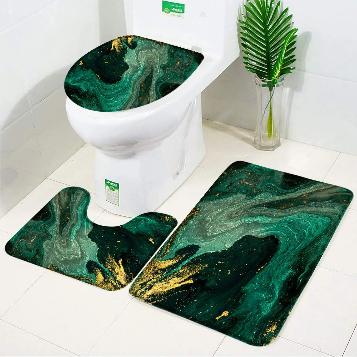 

Marble Textured Bathroom Rug and Mat Set Emerald Green Jewel Blue Gold Textured Non-Slip Bath Mat Toilet Cover Bathroom Decor