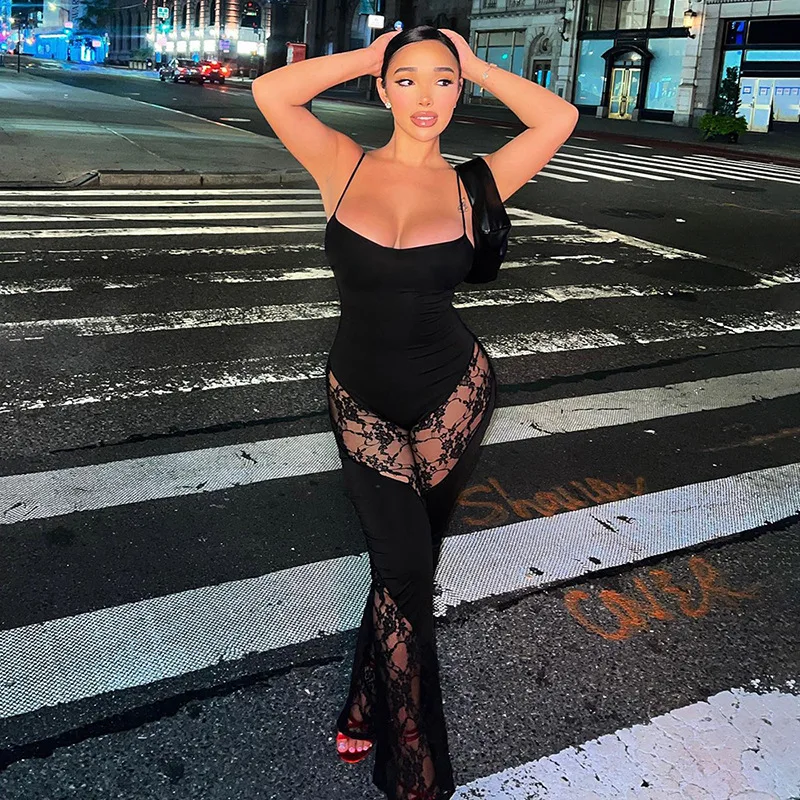 

Crystal Women Jumpsuit and Bodysuit Outfits Sleeveless Lace Black Jumpsuits Sexy Bodycon Female Clothes Casual Street Wear