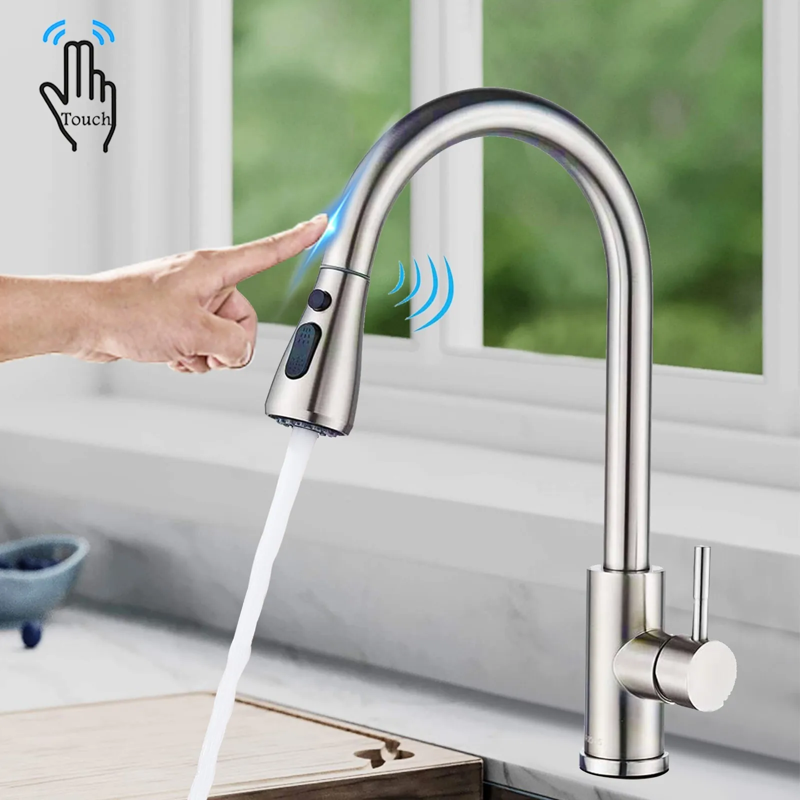 

Touch Sensor Kitchen Faucet Pull Down Sprayer Stainless Steel Modern Sink Mixer with LED Light and Water Saving Technology