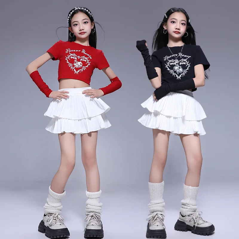

Kid Kpop Hip Hop Clothing Red Black Print Crop Top T Shirt White Layered Pleated Mini Skirt for Girl Jazz Dance Costume Clothes