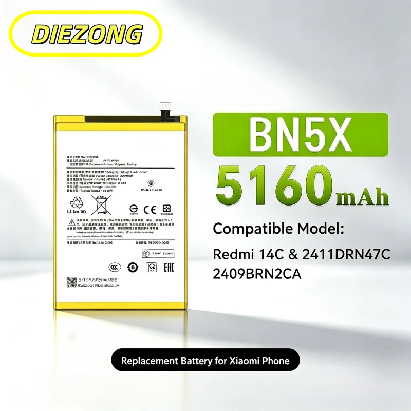 BN5X Replacement Phone Battery High Capacity 5160mAh Battery for Redmi 14C 2411DRN47C Rechargeable Mobile Phone Battery