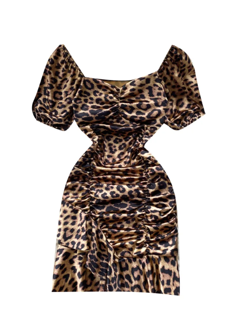 

ssTss Women Fashion Summer Satin Dress Short Sleeve V-Neck Leopard Print High Waist Slim Ruched Ruffles Mini Club Party Dress