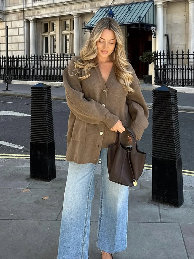 

Женский модный вязаный кардиган с v-образным вырезом, элегантный однотонный однобортный свитер с карманами и длинными рукавами, женские осенние женские уличные свитера