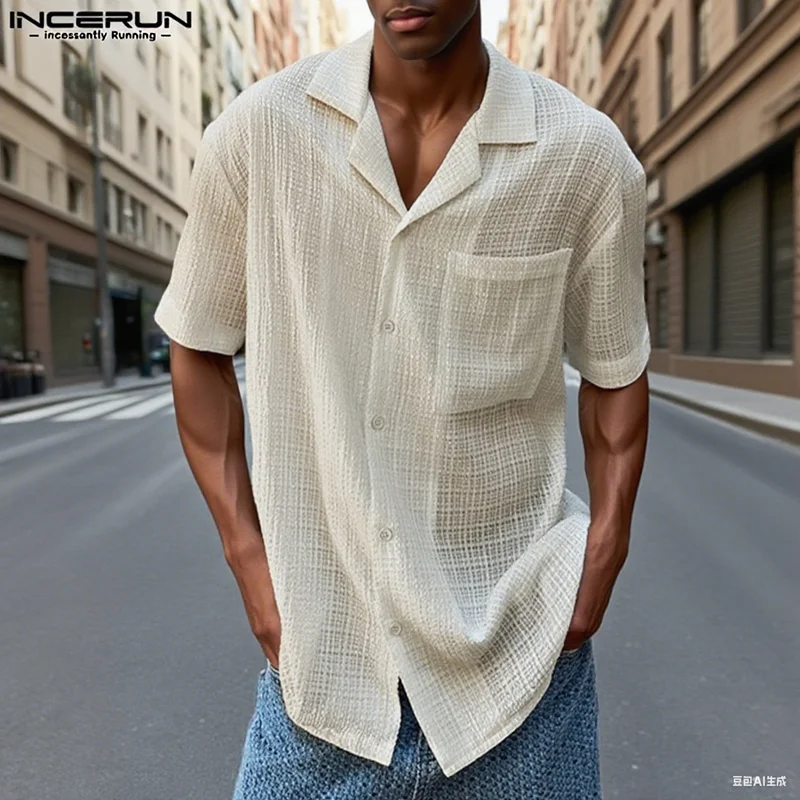 

INCERUN Men Shirt Lapel Short Sleeve Summer Loose Casual Tops Shirts 2025 Patchwork See Through Stylish Men Clothing Streetwear
