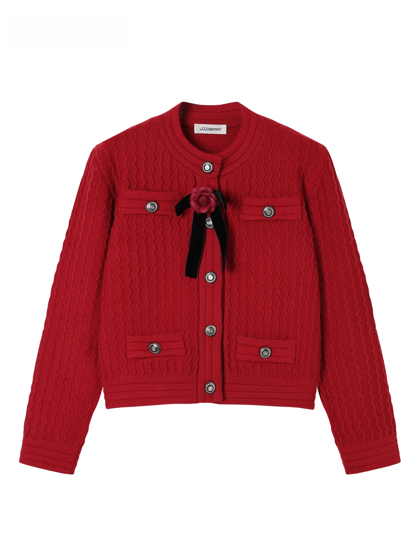 

JZZDEMM Luxury Sle Knitted Cardigan Women's Sweater Tea Rose Decoration Vertical Ripple Design Soft V-Ne Long Sve Coat