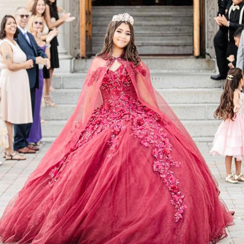

Роскошные красные платья Quinceanera 2023 бальное платье 3D Цветочная аппликация Кристалл с плащом милые платья на шнуровке для дня рождения