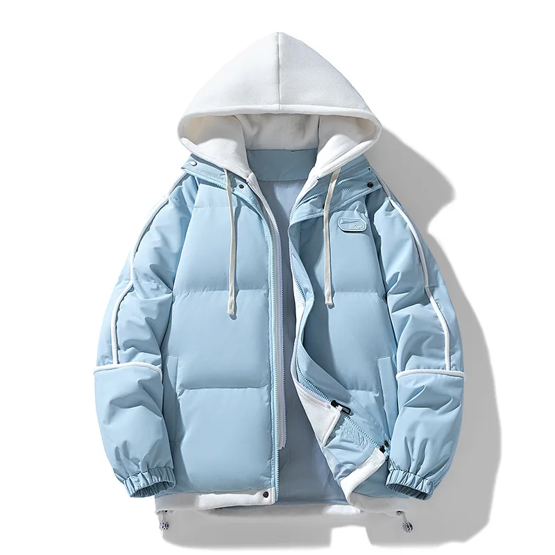 Nuevo modelo de chaqueta gruesa acolchada de algodón para mujer, conjunto de dos piezas falso para mantener el calor con capucha, top liso elegante a la moda