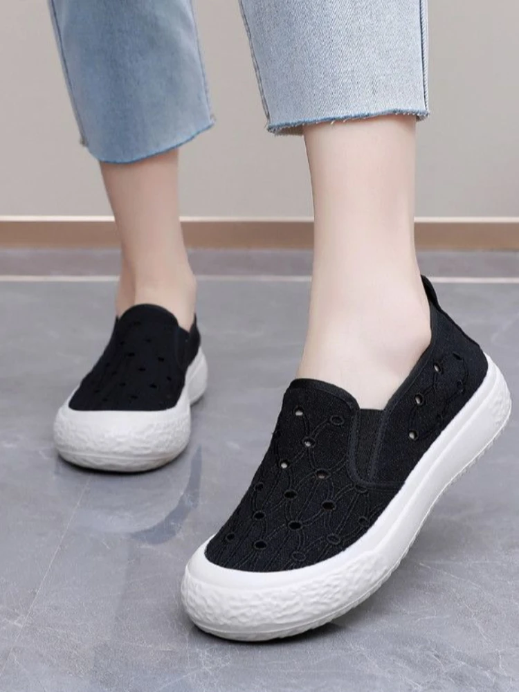 

New Women White Canvas Shoes Slip On Breathable Mesh Loafers Casual Perforated Hollow Out Sneakers Lady Student Flats