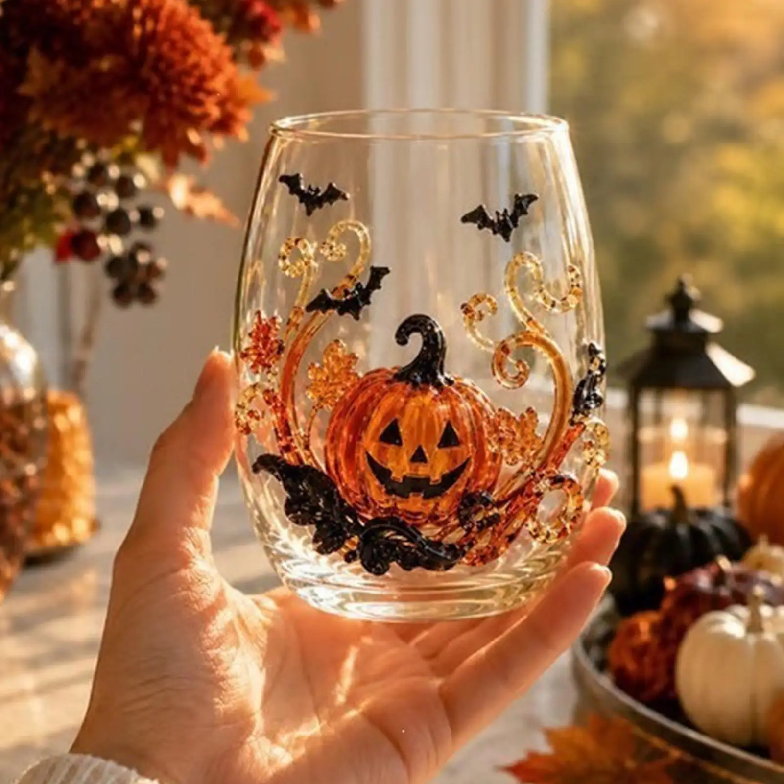 Halloween 3D Embossed Glass Cups, Black Cat Pumpkin Ghost Spider Web Decorated Water Glass Halloween Ghost Whiskey Glass