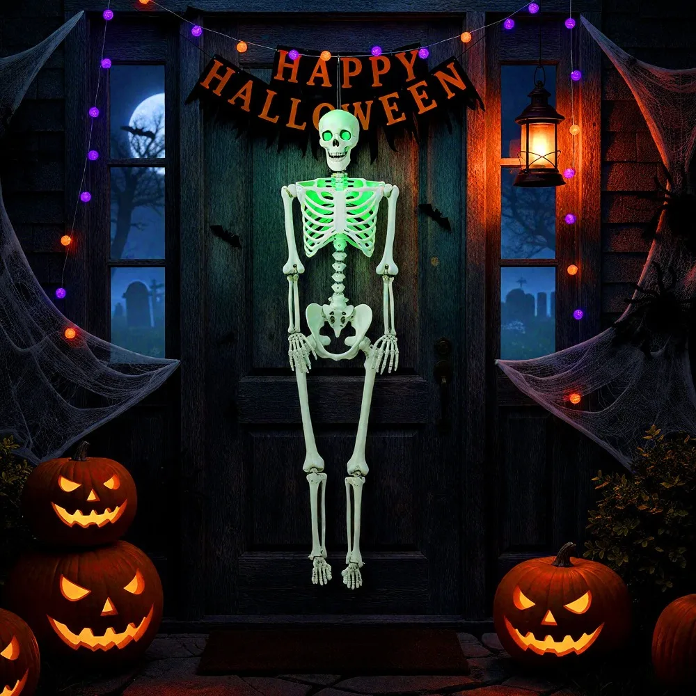 هيكل عظمي قابل للوضع للهالوين بالحجم الطبيعي مقاس 63 بوصة مع أضواء LED خضراء و8 مفاصل متحركة