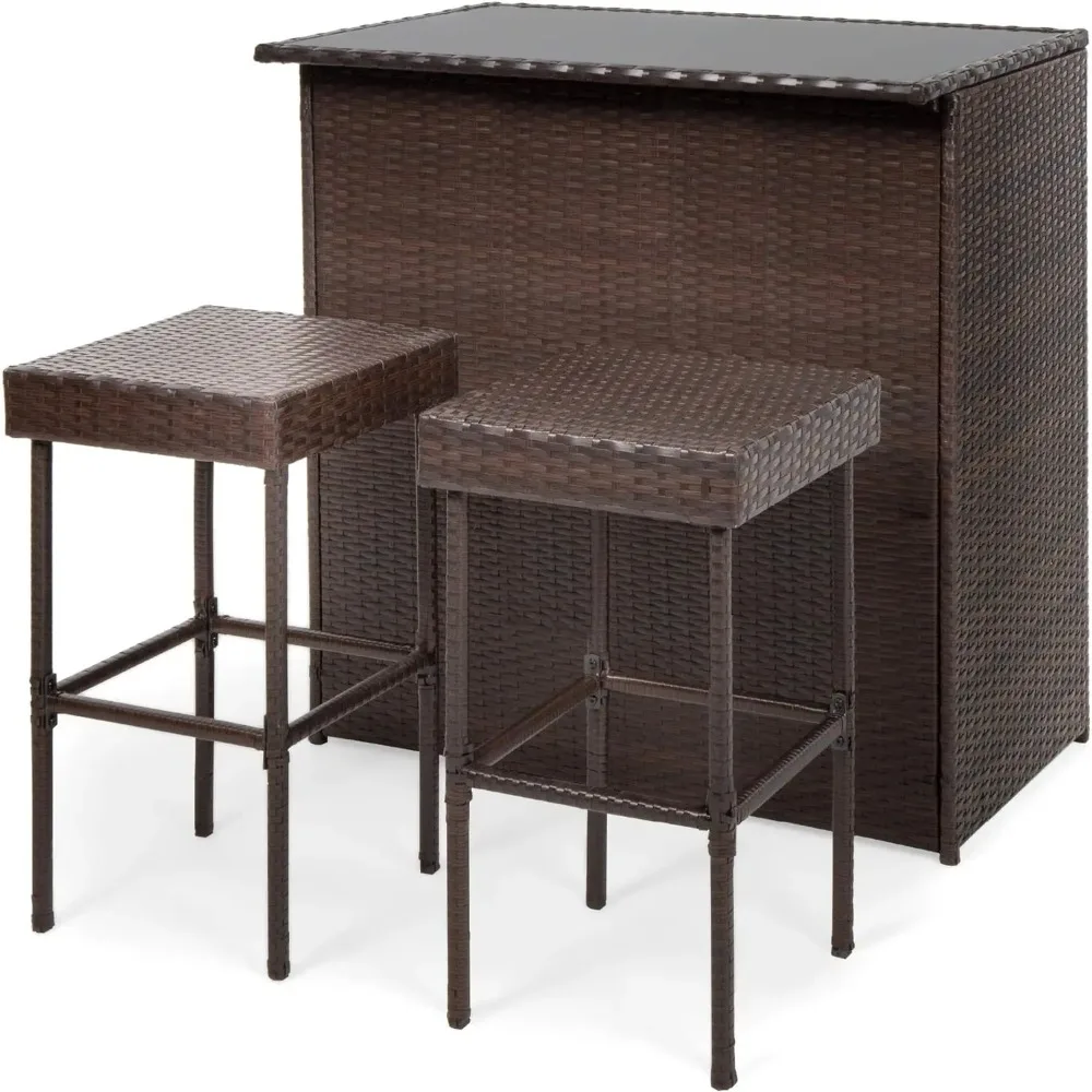 3-Piece All-Weather Wicker Bar Table Set for Indoor Outdoor, Kitchen Patio Backyard w/ 2 Stools, Glass Tabletop, Storage Shelves