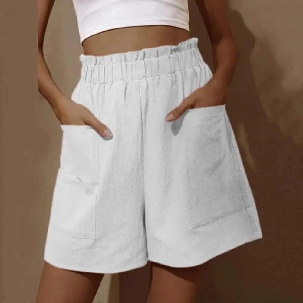 

Summer Women Shorts Solid Color Elastic High Waist Casual Shorts Loose Side Pockets Shirring Straight A-line Shorts For Daily