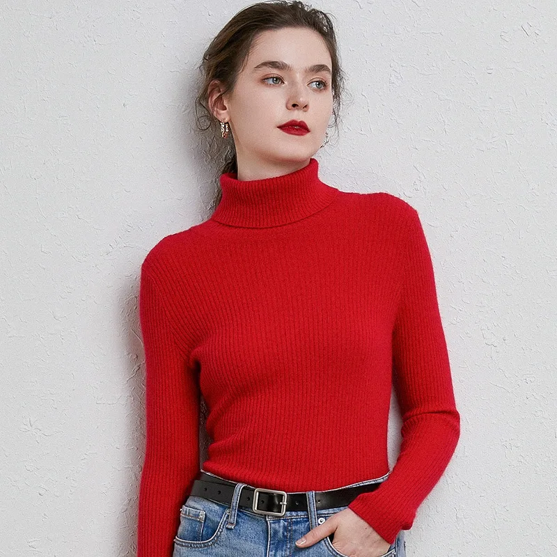 

Fashion Woman Fall Winter Thick Knitted Sweater Ribbed Pullover Office Lady Long Sleeve Turtleneck Slim Soft Girl Party Gift