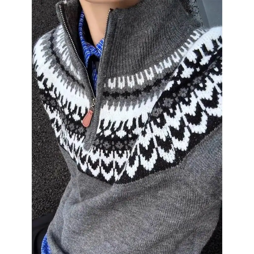 

Мужской вязаный свитер в американском ретро-стиле Fair Isle, осенне-зимний, с высоким воротником на молнии, премиум-класса, для создания непринужденного образа