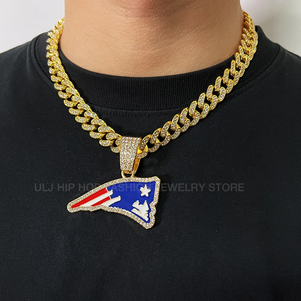 ULJ Hip Hop Blue Red Drip Oil Pendant Football Chain Necklace  With Cuban Miami Iced out Bling Cool Jewelry