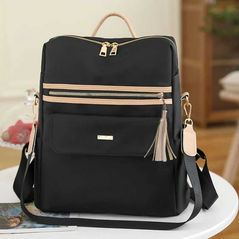 

Backpack Korean Edition New Oxford Cloth Casual Lightweight Anti Splashing Storage Tassel Crossbody Bag Zipper Direction Random