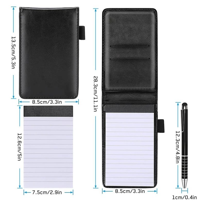 11 Pcs Mini Pocket Notepad Holder PU Leather Business Notebook Included 2 PCS Metal Pen 8 PCS Refillable Memo Book Black