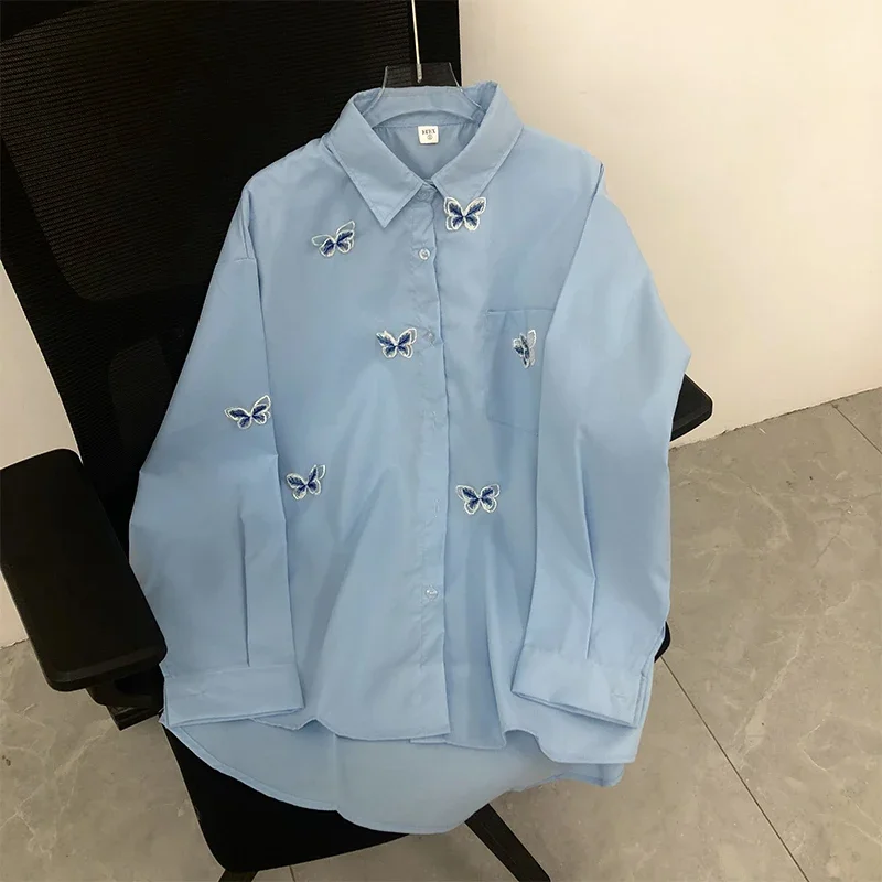 EBAIHUI Women Shirts Long Sleeve Butterfly Embroidered Blouses Spring Lapel Temperament Solid Female Blusas Basic Outwear Top