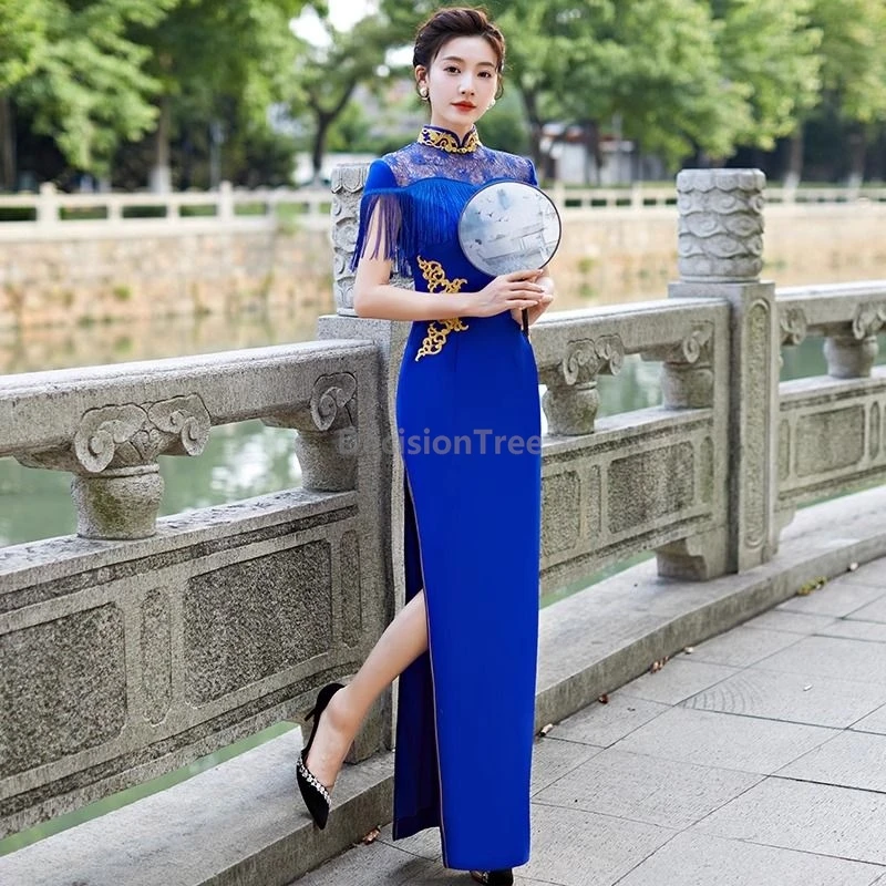 2025 أنيقة عصرية للحفلات الراقية تشيباو أداء مزاجي متقدم شيونغسام ريترو مرقعة عرض صيني تشيباو