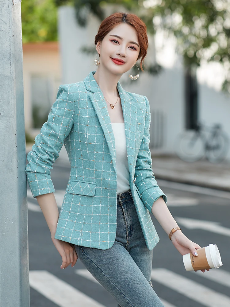 Blazer e giacca casual da donna scozzese bianco blu Giacca da donna slim con bottone singolo a maniche lunghe da donna di grandi dimensioni