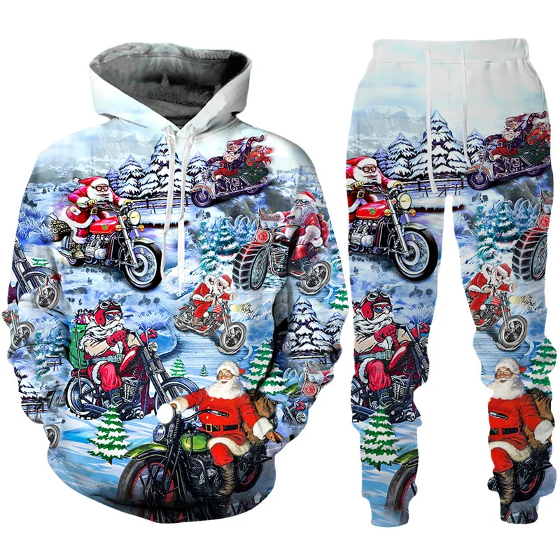 Hoodies ผู้ชายชุดปีใหม่คริสต์มาสผู้ชายอะนิเมะ Hoodie กางเกงชุด Santa Claus 3D พิมพ์ปาร์ตี้ Street สนุกเทศกาลชุด