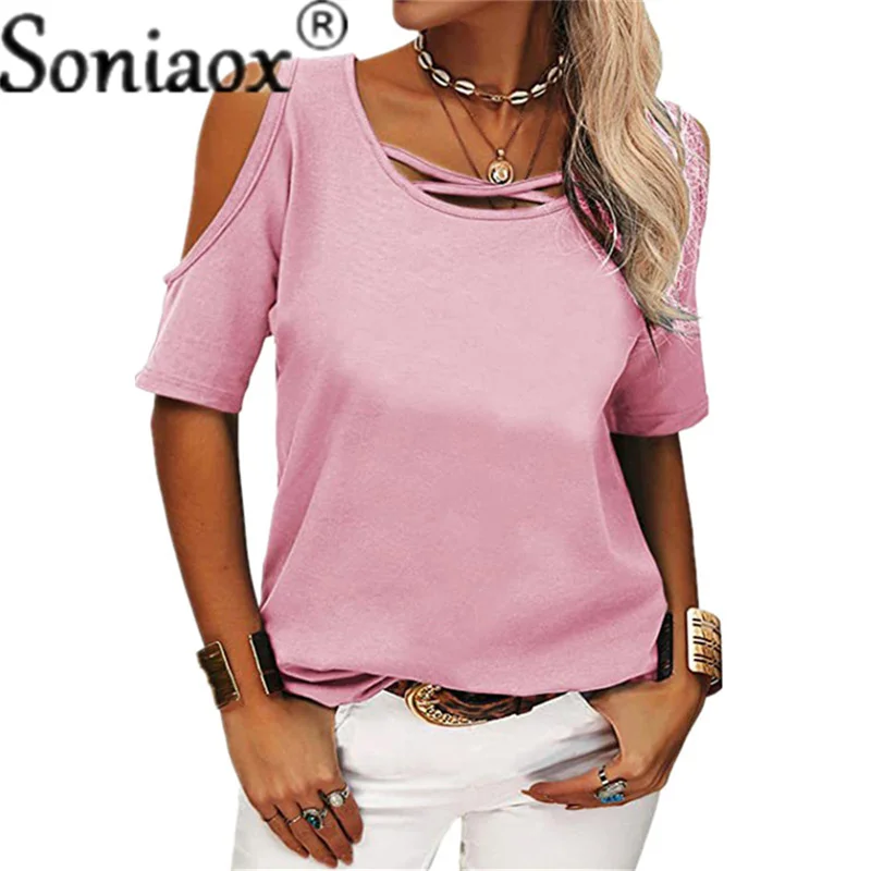 Summer Women Sexy Hollow Out Off Shoulder T-Shirts Solid Color Casual Short Sleeve O-Neck Pullovers Tops Fashion Street T-Shirts