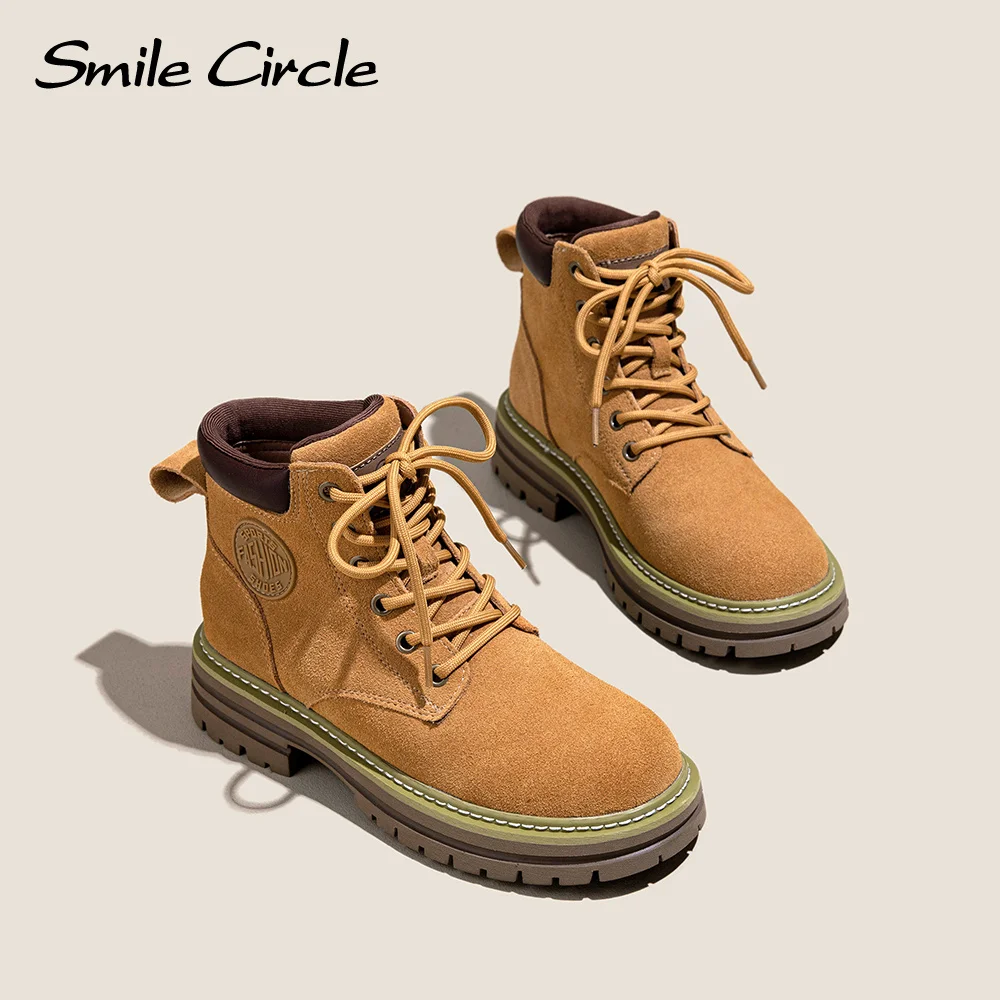 Smile Circle Botas de mujer de piel de ante Botines básicos y versátiles Botas casuales con cordones