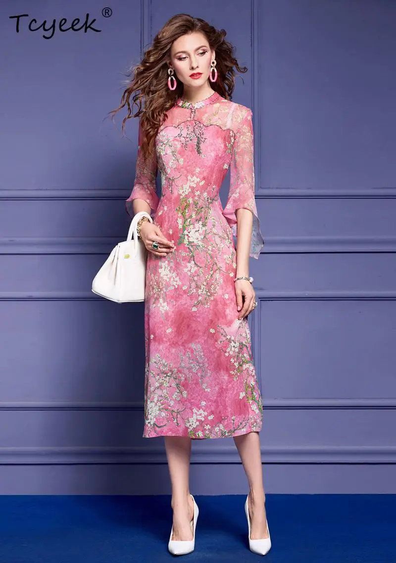 Tcyeek 100%Real Silk Elegant Dresses For Women, New Chinese Style, Flower Printed Vintage Gentle Dress, 2024 Summer D42134QC