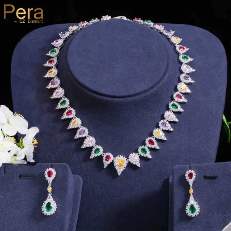 

Pera Gorgeous Colorful CZ Crystal Long Big Dangle Water Drop Earrings and Necklace Pendant Sets for Wedding Bridal Jewelry J049