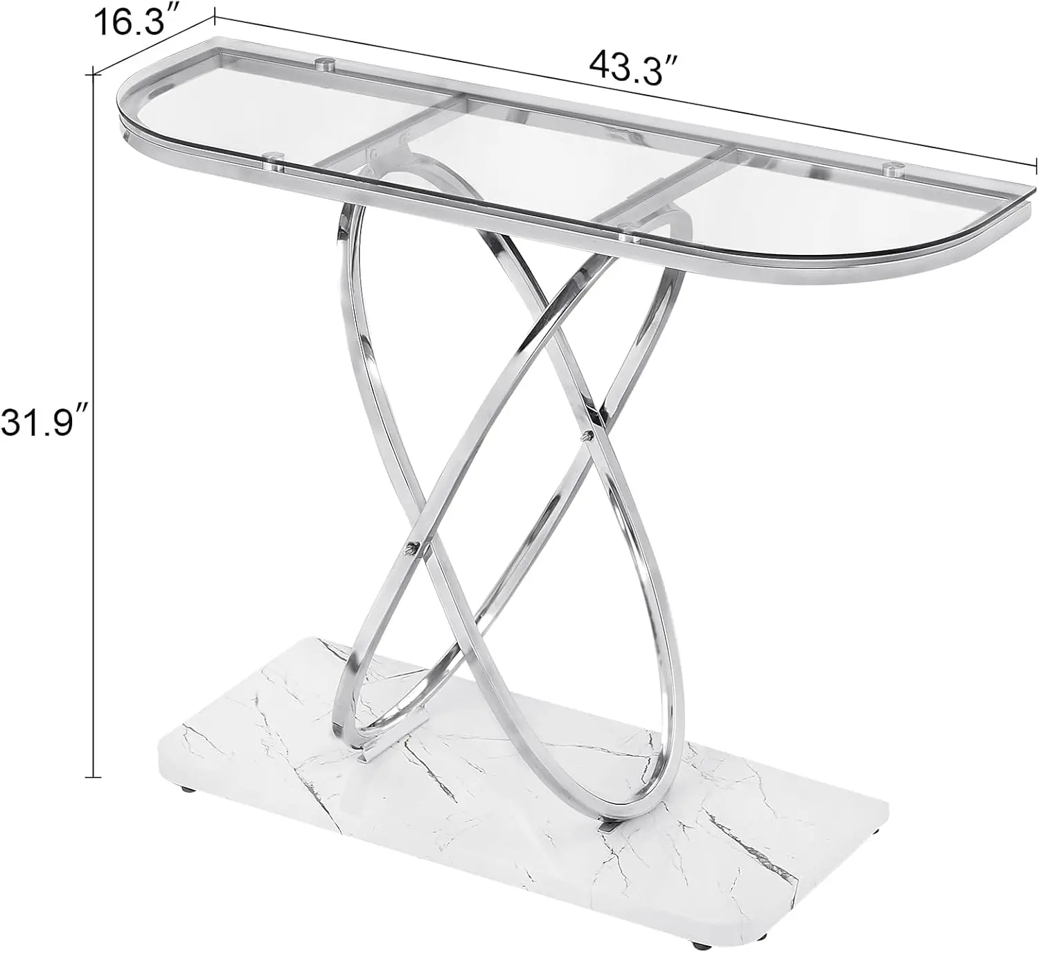 Modern Entryway Table, Glass Entrance Sofa Table with Oval Frames and Marbling MDF Base, Tempered Glass Console Table（Silver）