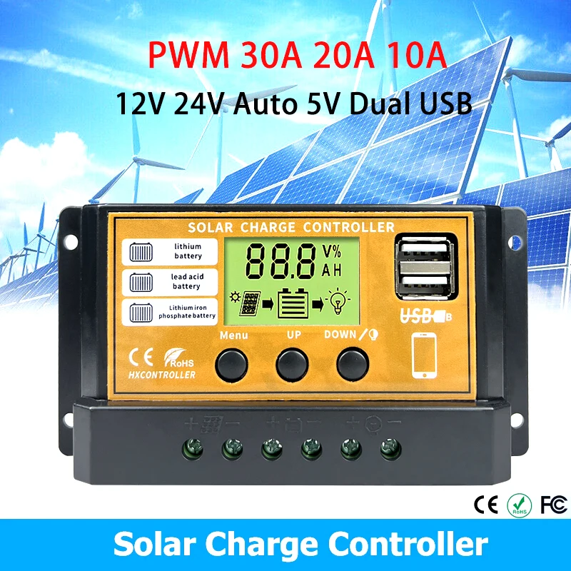 

PWM 10A 20A 30A Solar Charge Controller Photovoltaic Power Regulator Auto 12V 24V Dual USB LCD Load Discharger