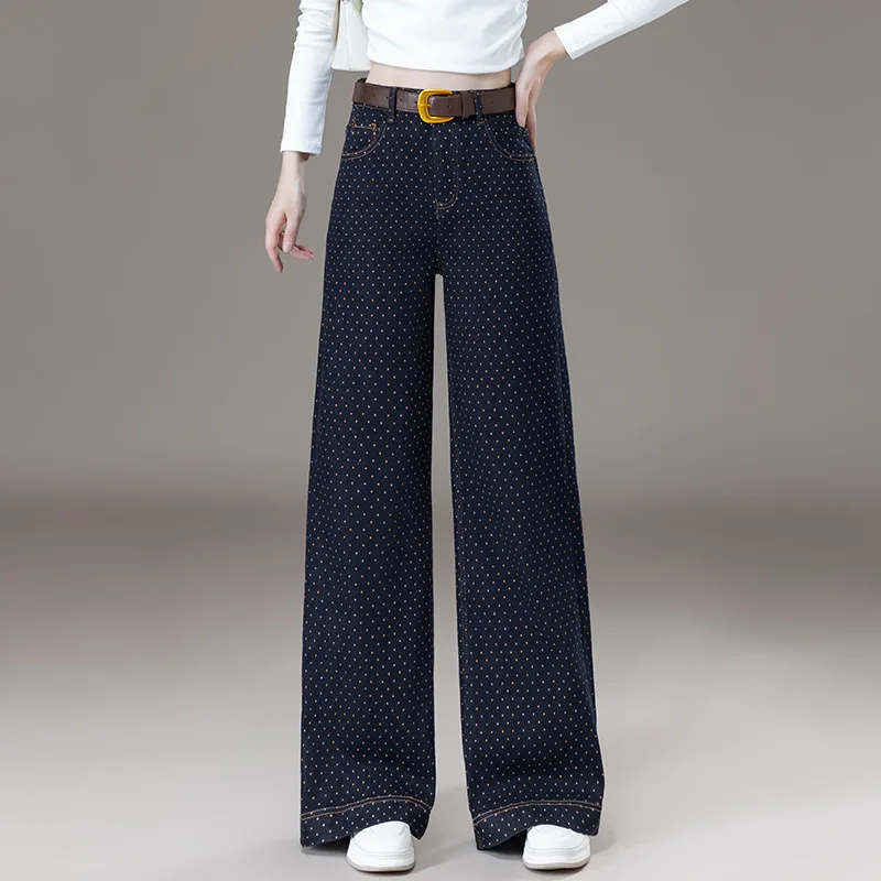 

New Blue Polka Dot Print Casual Straight Pants for Women, Spring and Autumn High Waist Slimming Draped Wide Leg Floor-Length Tro