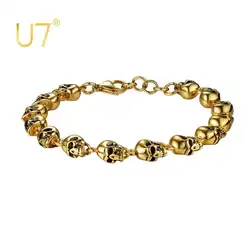 U7 Metal Beaded Skull Link Bracelet for Man 8.3inches 14K Gold Color Stainless Steel Vintage Gothic Punk Skeleton Charm Jewelry