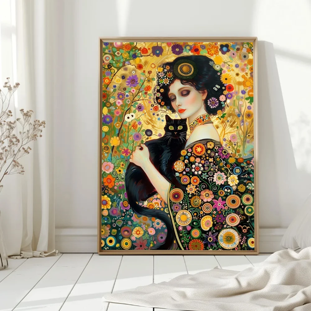 1 Stück rahmenloser dekorativer Kunstdruck, Bohemian Klimt Style Frau mit Katze Kunstdrucke Poster Abstrakte Vintage Ästhetische Leinwandmalerei