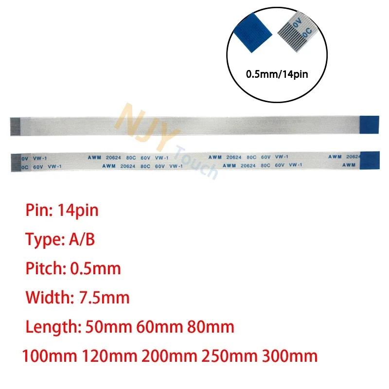 

14Pin 0.5mm Pitch FFC FPC AWM 20624 80C 60V VW-1 A B Type Flat Flexible Cable 60/100/150/200/250/300/400mm