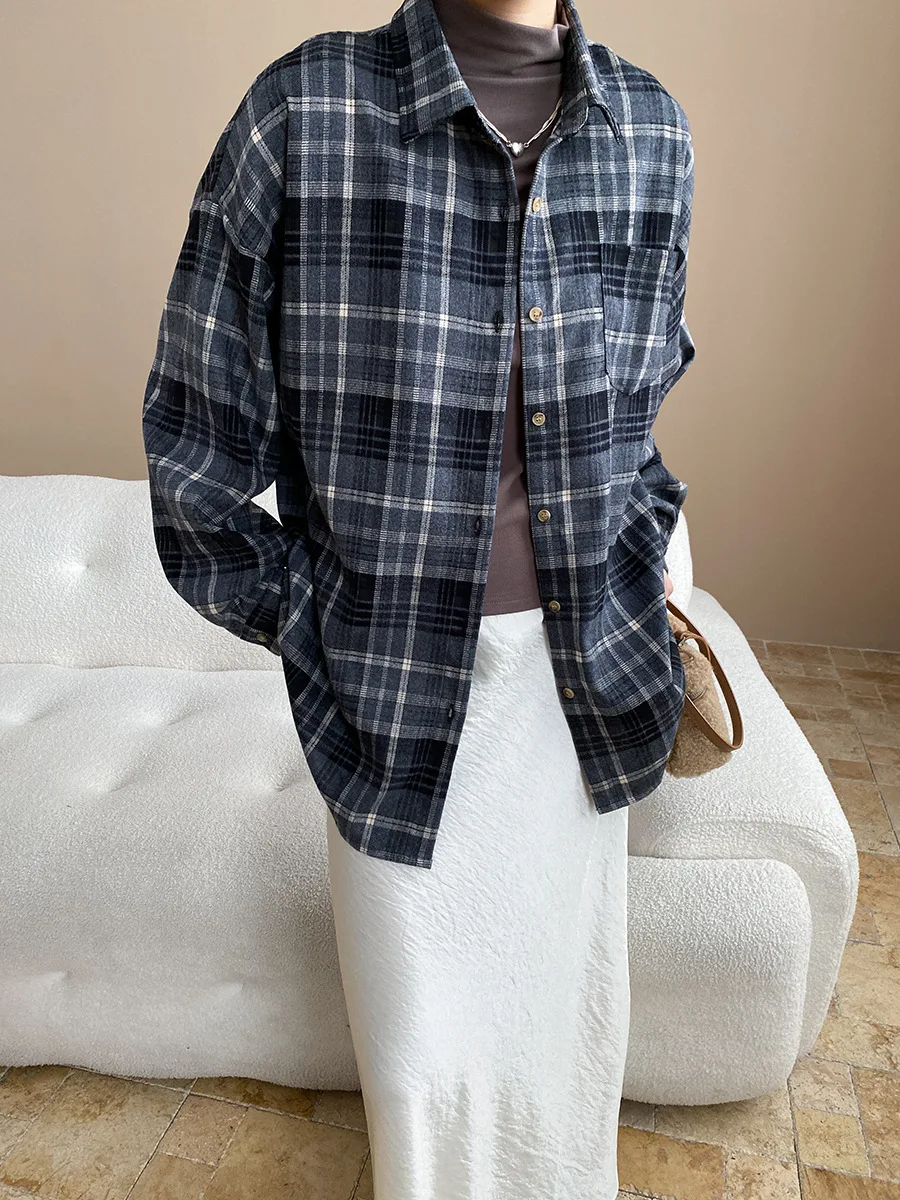 Amerikaans lui casual revers los en veelzijdig geruit overhemd met lange mouwen