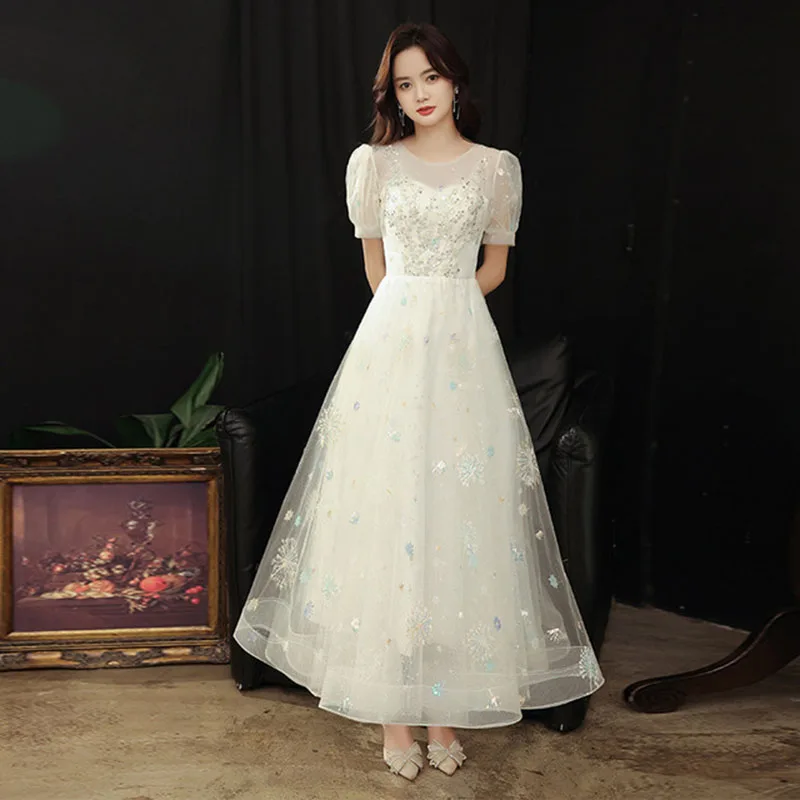 White Puff Sleeves Evening Dress Exquisite Applique Round-Neck Wedding Party Gown Bling Bling A-Line Graduation Vestido