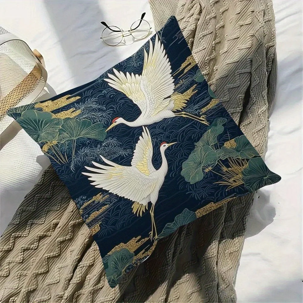 1pc Navy blue and gold crane patterned pillowcase with zip closure, suitable for beds and sofas (pillow insert not included).