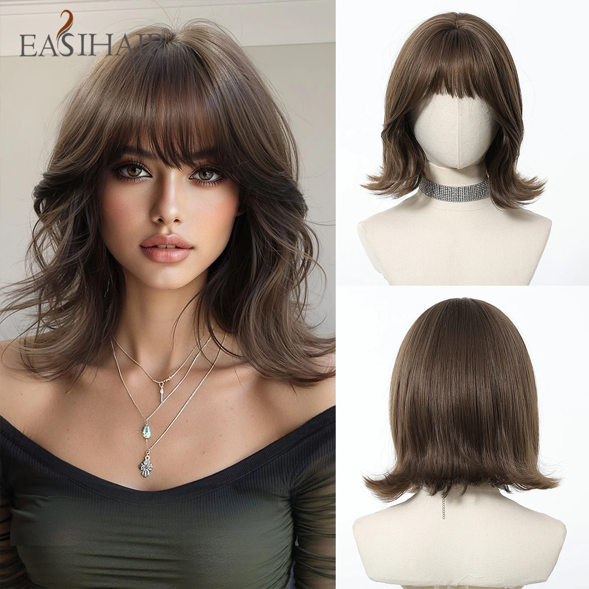 

EASIHAIR Short Dark Brown Synthetic Bob Wigs for Women Straight Cosplay Wigs With Bangs Natural Hair Lolita Daily Heat Resistant