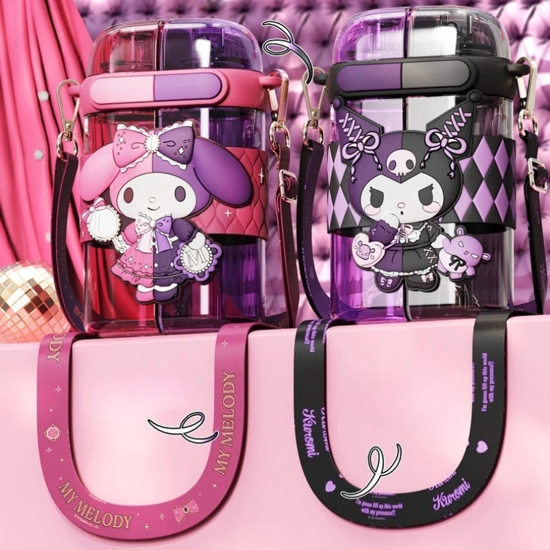 

Creative Water Bottle with Straw HelloKitty Melody Kuromi Portable Student Water Cup Double Drinking Kettle Cup Kids Kettle Gift