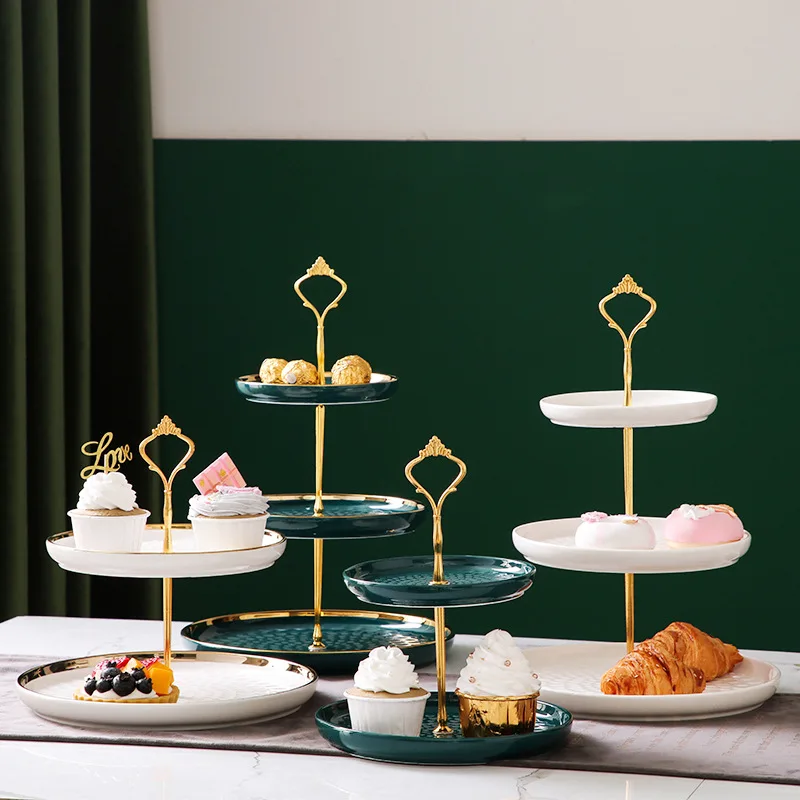 Nordic emerald fashion ceramic string plate, living room fruit snack three-layer dried fruit tray, double-layer dessert tray
