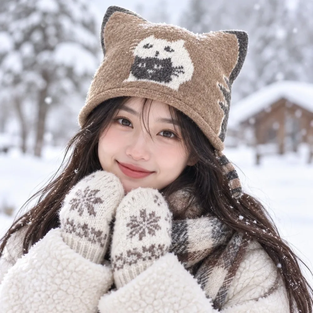 Sweet Kawaii Cute Cat Beanie Animal Pattern Thick Winter Painter Cap Soft Texture Elastic Lovely Ears Bonnet Pretty Gift