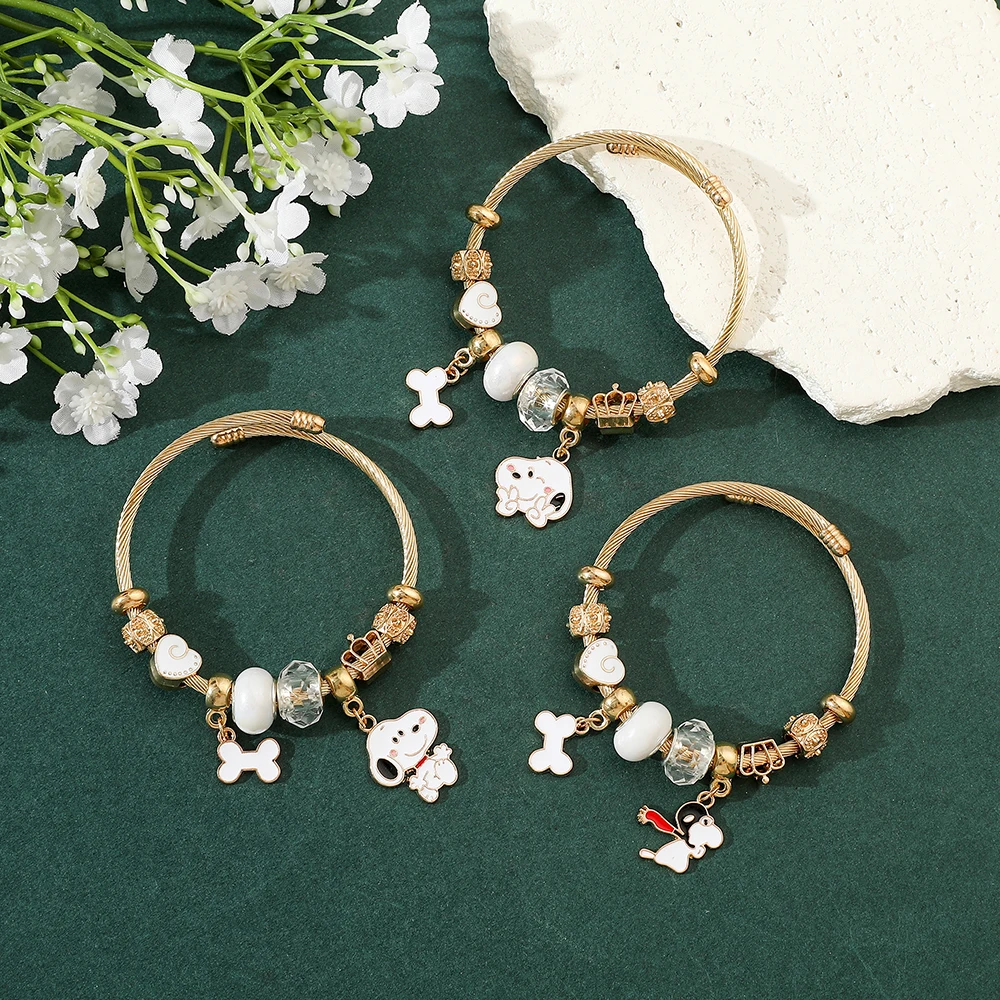 Cute Cartoon Puppy Dog Gold‑Toned Charm Bracelet with Enamel Puppy Pendants Lovely Jewelry Gift for Women Man Party Gift